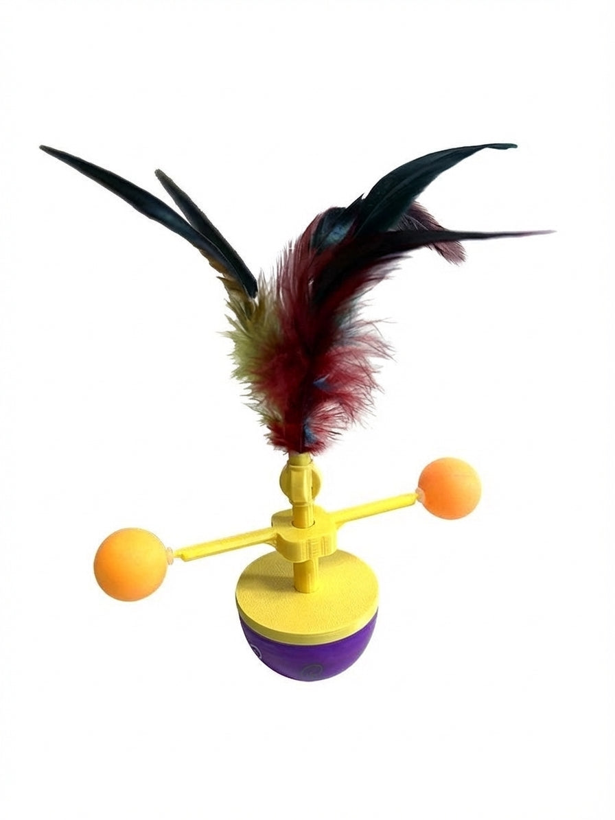 Interactive spinning cat tumbler teaser toy with feathers