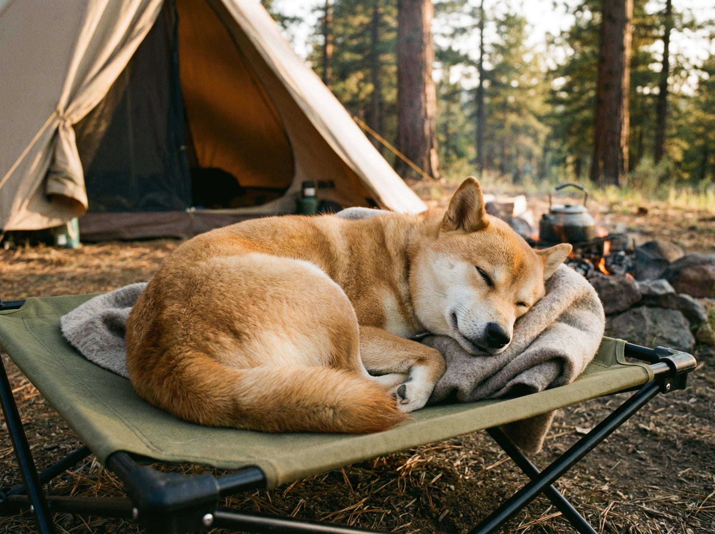 Mochi the Shiba Inu sleeping on travel bed